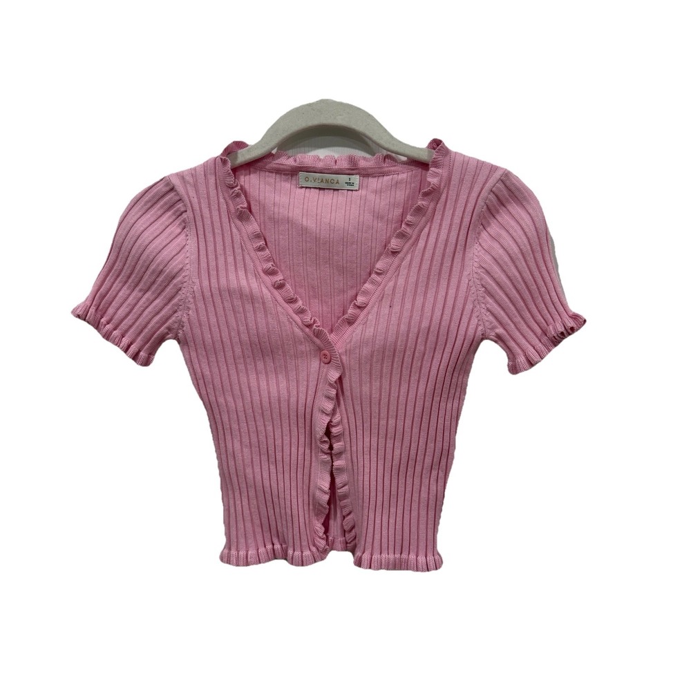 O. Vianca Pink Ribbed‎ Crop Top Sz Small V-Neck One Button Shrug Layering Blouse